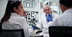 Discussion, scientist and group with tablet, lab and collaboration for medical research for treatment. Pharmaceutical, teamwork and people with tech for healthcare, info and ideas for breakthrough