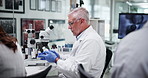 Pharmaceutical, scientist and group with medicine, lab and quality control for drug research and innovation. Healthcare, colleagues and clinical trail of treatment in clinic, people and experiment