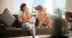 Home, woman and pet dog on sofa for animal care, bonding or domestic companion. Loyalty, happy owner and golden retriever in living room with stroke, playing and hug for comfort, relax and protection