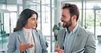 Tablet, paperwork and team of business people in discussion for financial project, idea or smile. Technology, collaboration and document for planning, investment strategy and meeting in office lobby