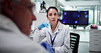 Team, scientist and people with discussion in lab for medical research, gene therapy and pharmaceutical development. Biotechnology, woman and tablet for science experiment, listening and rna analysis