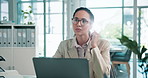 Office, businesswoman and thinking with laptop for research, investment review and financial advisor. Tech, female person and risk management consultant for finance report, proposal or idea for email