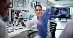 Happy, scientist and group with tablet, lab and discussion for medical research, smile and treatment. Pharmaceutical, teamwork and people with tech for healthcare, info and ideas for breakthrough