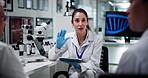 Online, scientist and group with tablet, lab and discussion for medical research, smile and treatment. Pharmaceutical, teamwork and people with tech for healthcare, info and ideas for breakthrough