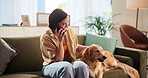Home, phone call and woman on sofa, dog and smile with connection, talking and best friend in lounge. Apartment, pet and happy person on couch, cellphone or communication with animal adoption checkup