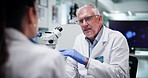 Scientist, man and woman with discussion at lab in study, test and review for sample in pharmaceutical study. Person, talk and clinical trial for medical research, insight and solution for results
