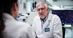 Scientist, tablet or people with discussion in lab for medical innovation, gene therapy or rna analysis. Biotech, mature man or talking to colleague for science research, drug development or teamwork