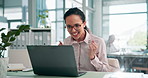 Laptop, celebration and business woman clapping for achievement, financial milestone or reading good news. Computer, success or happy worker fist pump for winning, investment deal or office promotion