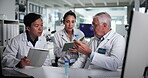 Tablet, scientist and group with sample, lab and quality control for drug research or innovation. Healthcare, computer and colleagues with treatment in clinic, pharmaceutical or people with test tube