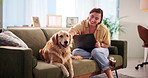 Petting, dog and woman with laptop, lounge and student with tech for assignment, pet or companion on sofa. Education, research and girl with animal in house, golden retriever or person in living room