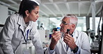 Healthcare, scientist and colleagues with medication, lab and discussion for medical research and teamwork. Pharmaceutical, collaboration and people with tech for breakthrough, info and treatment