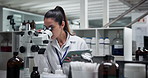 Scientist, woman and microscope at laboratory with tablet, test and review for results in pharmaceutical research. Person, app and clinical trial for medicine, perspective and solution by computer