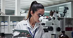 Woman, microscope and tablet at laboratory with research, test and review for results in pharmaceutical study. Person, scientist and clinical trial for medicine, application and solution by computer