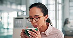 Coffee, relax and businesswoman in office on break for calm, peace and morning beverage. Caffeine, aroma and female corporate attorney drinking cappuccino, latte or espresso for wellness in workplace