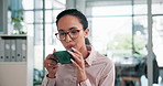 Coffee, calm and businesswoman in office on break for relax, peace and morning beverage. Caffeine, aroma and female corporate attorney drinking cappuccino, latte or espresso for wellness in workplace