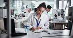 Woman, scientist and writing with book, sample and progress report with notes, stats and planning. Person, notebook and test tube with liquid, chemical and medical research for pharmaceutical study