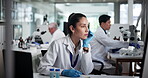 Computer, science and writing with woman in laboratory to record breakthrough, discovery or problem solving. Healthcare, medical and notebook with scientist at work on clinical trial for research 
