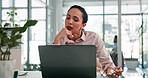 Business, confused and woman with stress, laptop and pressure with deadline, company audit and mistake. Person, financial clerk or employee in office, brain fog or doubt with email for bankruptcy