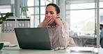 Yawning, business and woman with laptop, tired and burnout with deadline, exhausted and profit review. Person, consultant and financial advisor in office, pc and fatigue with online report and sleepy