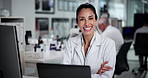 Woman, crossed arms and face of scientist in laboratory for pharmaceutical research, study or project. Confident, happy and portrait of female medical biologist with pride for healthcare innovation.