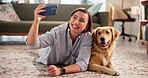 Woman, dog and selfie with happy, home and love on floor, loyalty and care with post on social media. Girl, animal and pet labrador with profile picture, photography and excited for memory in lounge