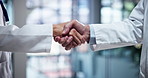 Shaking hands, greeting and team of scientists in laboratory for biotechnology partnership. Agreement, collaboration and biologists with handshake for pharmaceutical innovation with medical contract.