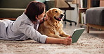 Love, tablet and woman with dog on floor of living room for bonding, reading or streaming. Relax, smile or wellness with animal and happy pet owner in home together for companionship or loyalty