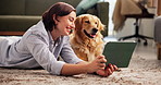 Relax, tablet and woman with dog on floor of living room for bonding, reading or streaming. Love, smile or wellness with animal and happy pet owner in home together for companionship or loyalty