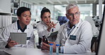Medicine, scientist and group with tablet, lab and quality control for drug research and innovation. Healthcare, colleagues and clinical trail of treatment in clinic, experiment and people with tech