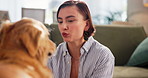 Home, dog and woman with smile, love and relax with support, bonding together and best friends. Apartment, animal and happy person on floor, canine and pet with fur, care and playful in living room