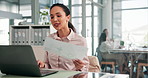 Business, documents and woman in office, laptop and report for audit, tax report and charts for profit growth. Person, employee and financial consultant in workplace, pc and research for investment