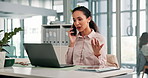 Business woman, phone call and laptop in office for networking, schedule and administration. Research, update or female administrator talking on mobile for planning agenda, communication and calendar
