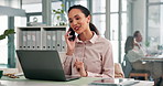 Businesswoman, talking or laptop with phone call for networking, schedule and administration. Research, update or female administrator with mobile for planning agenda, communication or appointment