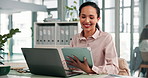 Laptop, tablet and businesswoman in office with email for legal contract for corporate company. Happy, research and attorney with computer and digital technology for contact on civil law report.