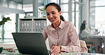 Laptop, research and businesswoman in office with email for legal contract for corporate company. Happy, reading and female attorney with computer for communication on civil law report in workplace.