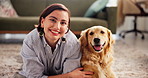 Relax, love and face of woman with dog in living room in home for bonding, connection or companion. Happy, portrait and female person on floor with golden retriever pet for rubbing animal or puppy.
