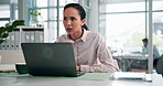 Business, thinking and woman with stress, laptop and pressure with deadline, company audit or doubt. Person, financial clerk or employee in office, confused or profit crisis with mistake or brain fog