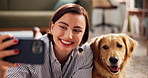 Woman, dog and selfie with smile, home and love on floor, loyalty and care with post on social network. Girl, animal and pet labrador with profile picture, photography and happy for memory in lounge