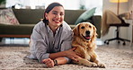Relax, face and woman with dog in living room in home for bonding, connection or companion. Happy, adoption and portrait of female person on floor with golden retriever pet for rubbing animal.