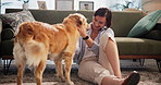 Relax, bonding and woman with dog in living room in home for love, connection or companion. Happy, adoption and female person on floor with golden retriever pet for rubbing animal, pet or puppy.