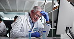Computer, scientist and man in lab with mistake, bad news or test deadline for virus crisis. Mature, headache or frustrated person reading science report error, healthcare issue or medical research 
