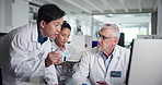 Collaboration, computer and sample with scientist people in laboratory for collaboration or discussion. Healthcare, medical and research with group at work on science breakthrough for innovation