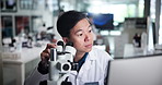 Microscope, man and scientist on computer for development, research and experiment. Medical, science and doctor with biotechnology for pharma exam, microbiology and check test results in laboratory