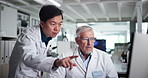 Computer, research and science with people in laboratory together for collaboration or discussion. Healthcare, innovation and medical analysis with men at work on science breakthrough for discovery