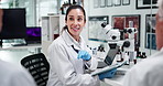 Discussion, woman or scientist in meeting with tablet for test research, development or innovation. Medical, leader or science with technology for teamwork, microbiology and experiment results in lab