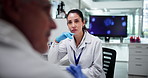 Discussion, science and review with people in laboratory together for collaboration or conversation. Healthcare, listening and medical with research team at work on clinical trial for innovation