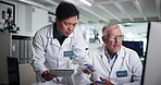 Computer, sample and tablet with scientist people in laboratory for collaboration or discussion. Healthcare, medical analysis and research with men at work on science breakthrough for innovation