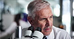 Microscope, man and scientist thinking of medical development and experiment. Research, science and mature doctor with biotechnology for pharma idea, vision and problem solving in lab for chemistry