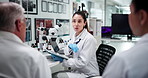 Feedback, science and tablet with people in laboratory together for collaboration or discussion. Healthcare, medical report and review with team at work on clinical trial for innovation or research