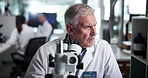 Microscope, man and scientist thinking of research, development and experiment. Medical, science and mature doctor with biotechnology for pharma exam, microbiology and problem solving in laboratory